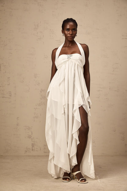 Mariah White Chiffon Ruffle Halterneck Maxi Dress
