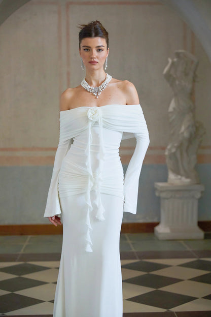 Wanda White Glittered Floral-Applique Knit Maxi Dress