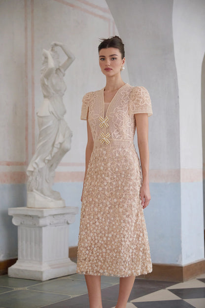 Berengere Neutrals Faux-Flower Crochet Midi Dress