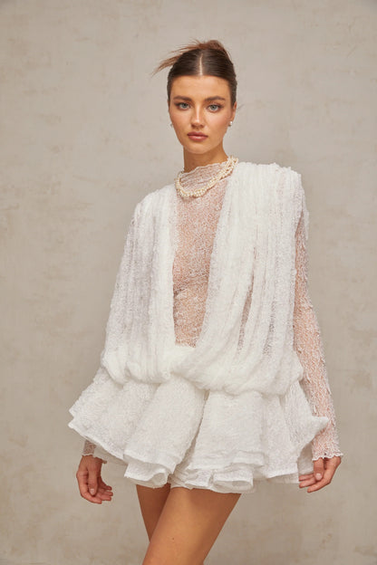 Isoline white semi-sheer lace top & shorts & dress matching set