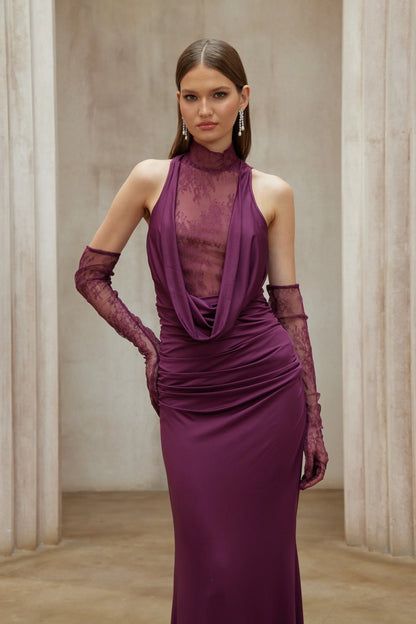 Borbala Magenta Lace Bodice Ruched Maxi Dress