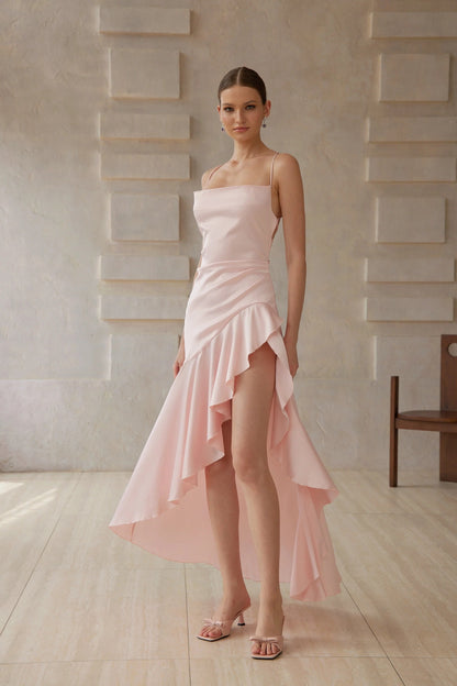 Lena Pink Asymmetrical Satin Midi Dress