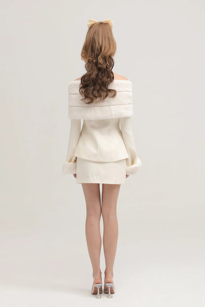 Caitlin White Faux-Fur Jacket & Skirt Matching Set