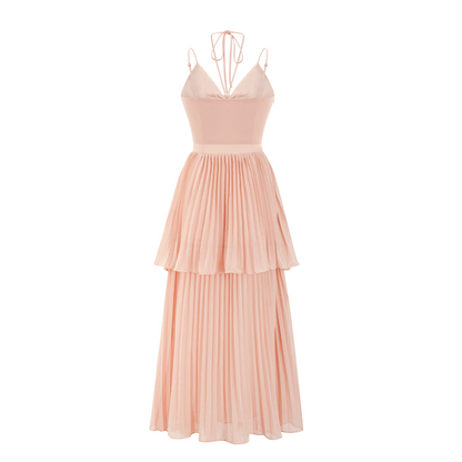 Olympe Pink Pleated Tiered Midi Dress