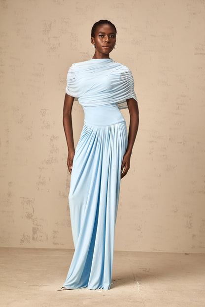 Catherine asymmetrical pleated maxi dress in Baby-blue