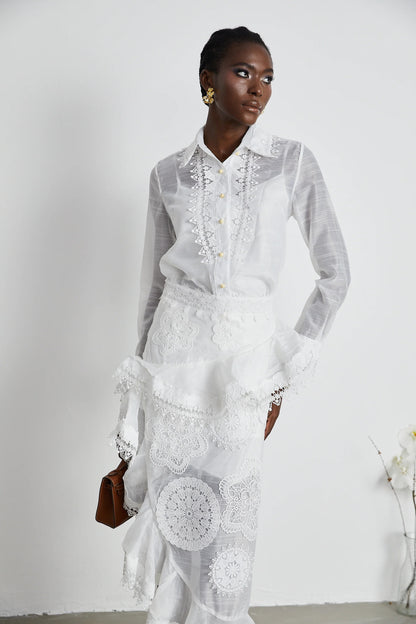 Renee White Semi-Sheer Shirt & Skirt Matching Set