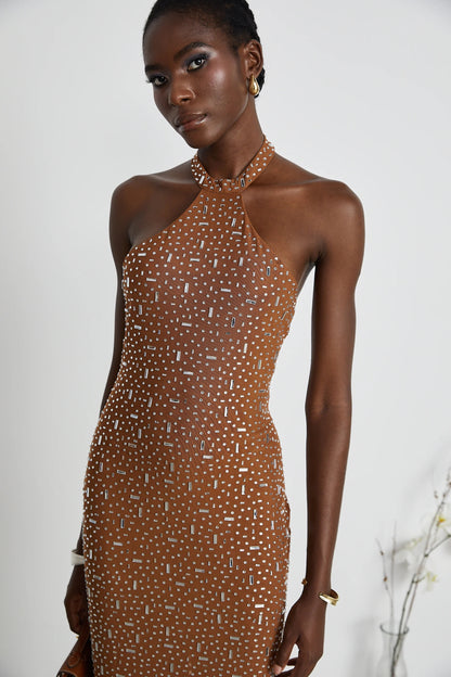 Desiree Brown Embellished Halter Neck Bodycon Maxi Dress