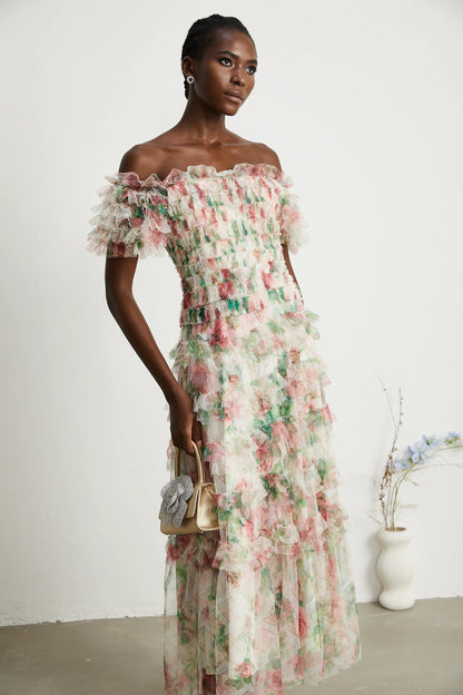 Suzette Floral-Print Tiered Midi Dress