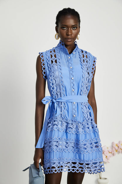 Mireille Blue Cut-Out Belted Mini Dress