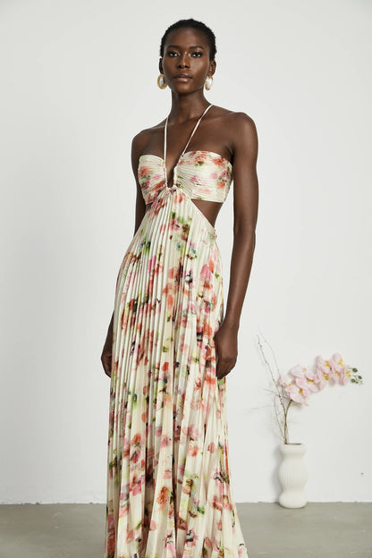 Andrea Cut-Out Floral-Print Pleated Maxi Dress