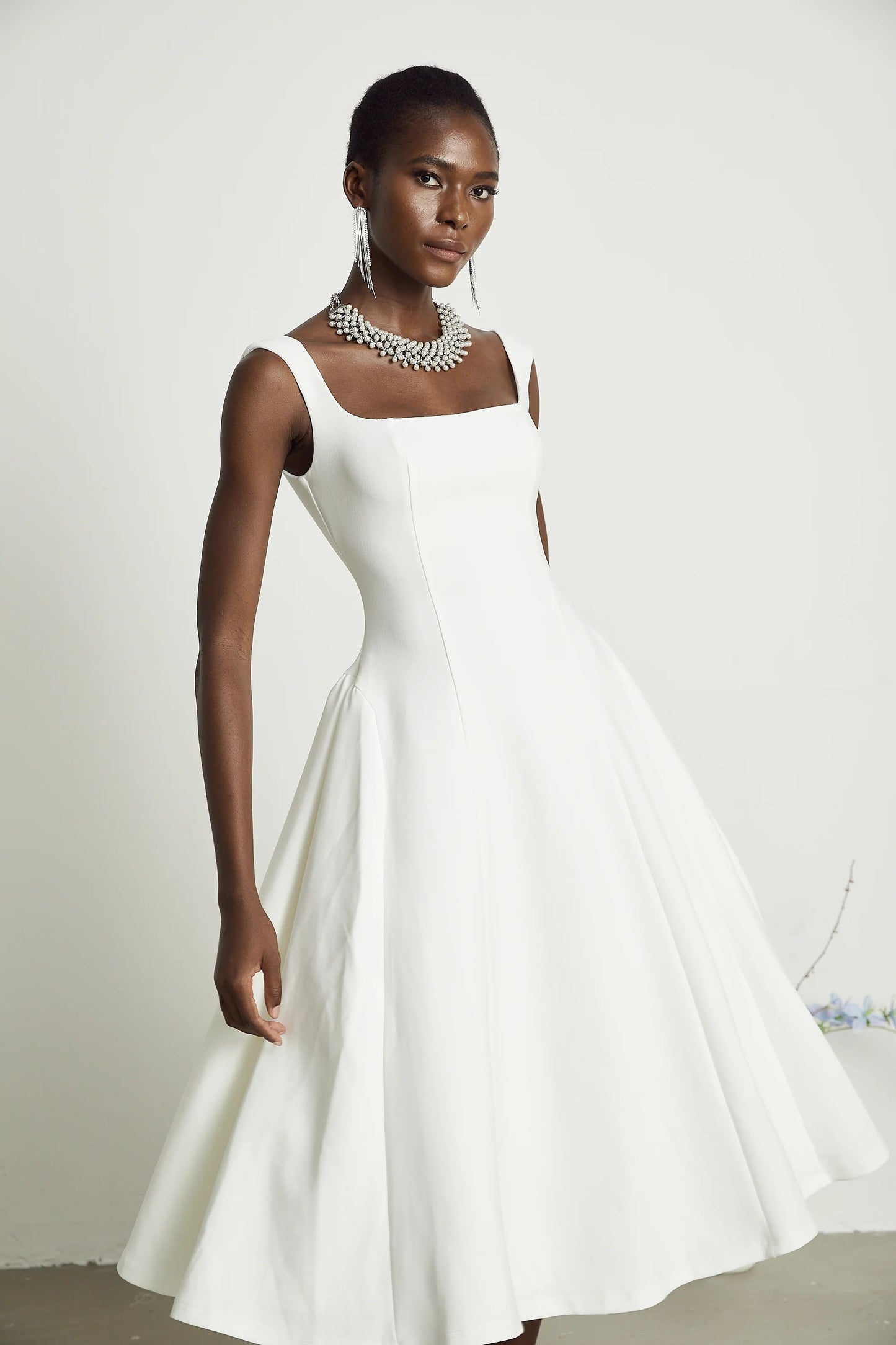 Thala White Pleated Flared Midi Dress