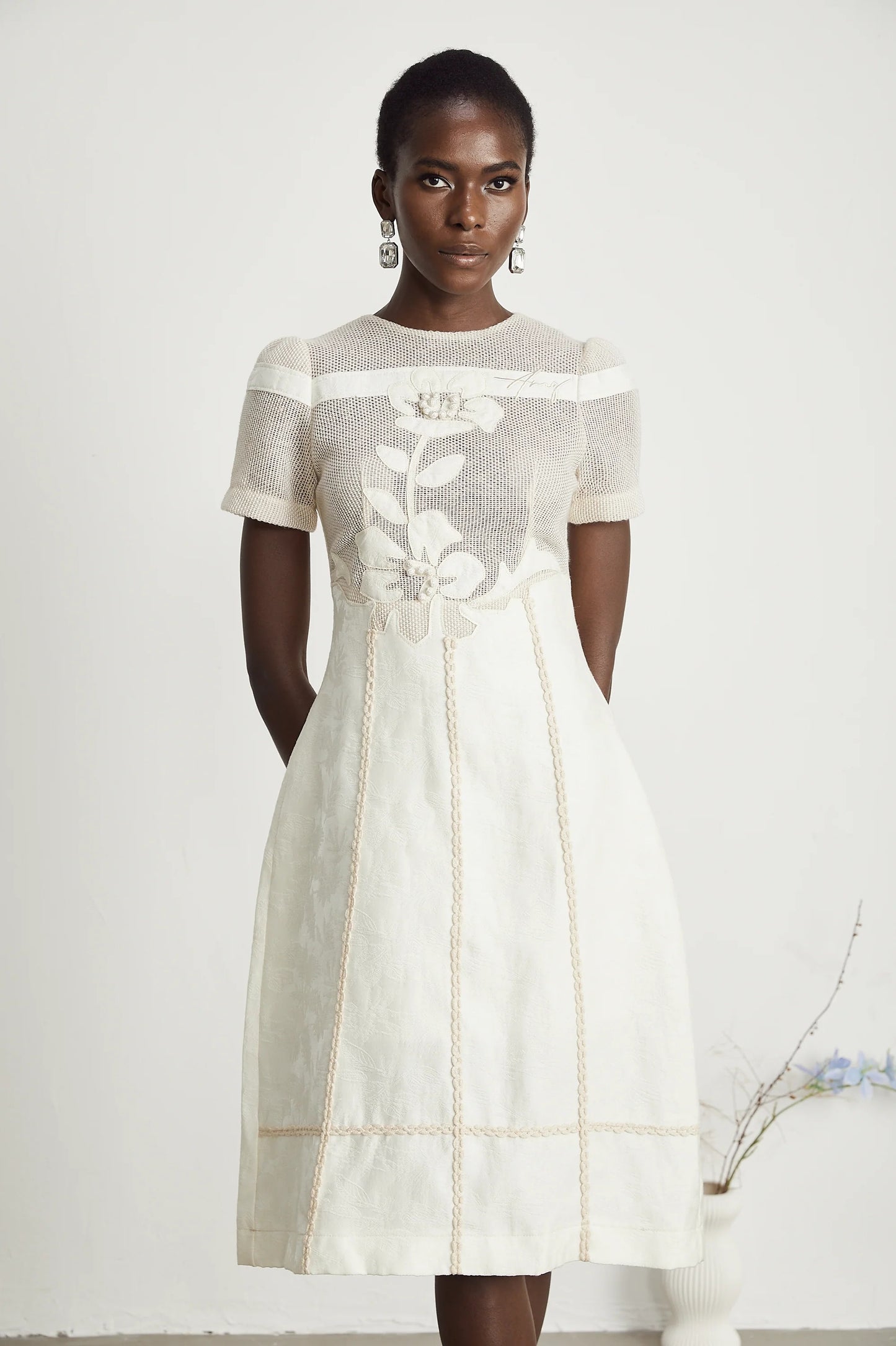 Diane Floral Embroidered Openwork Midi Dress