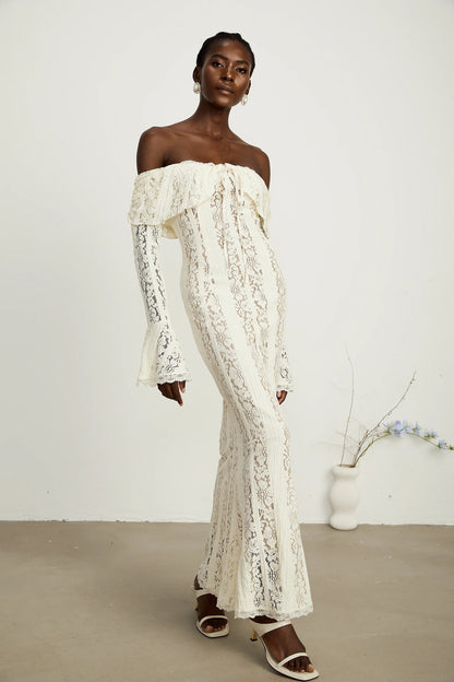 Emeline Floral Lace Flared-Cuff Maxi Dress in Neutrals