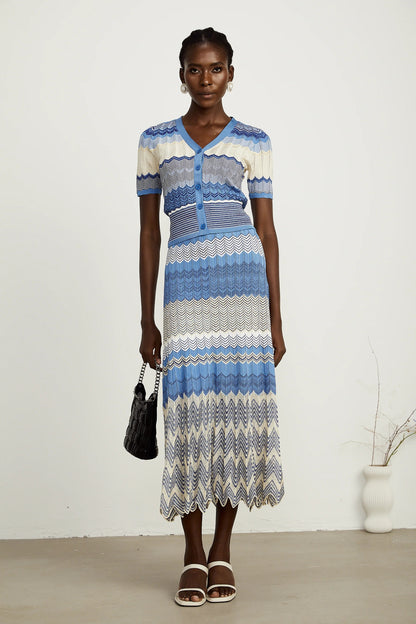 Daniela Blue Zigzag-Design Knit Top & Skirt Matching Set