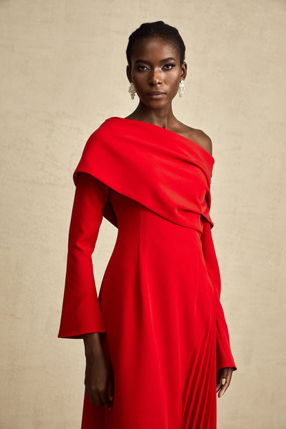 Valentine Red Pleated Maxi Dress with High Slit