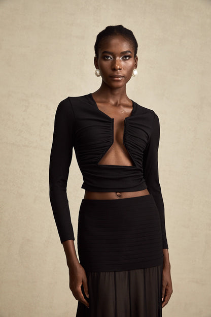 Anais Black Open-Front Gathered Top