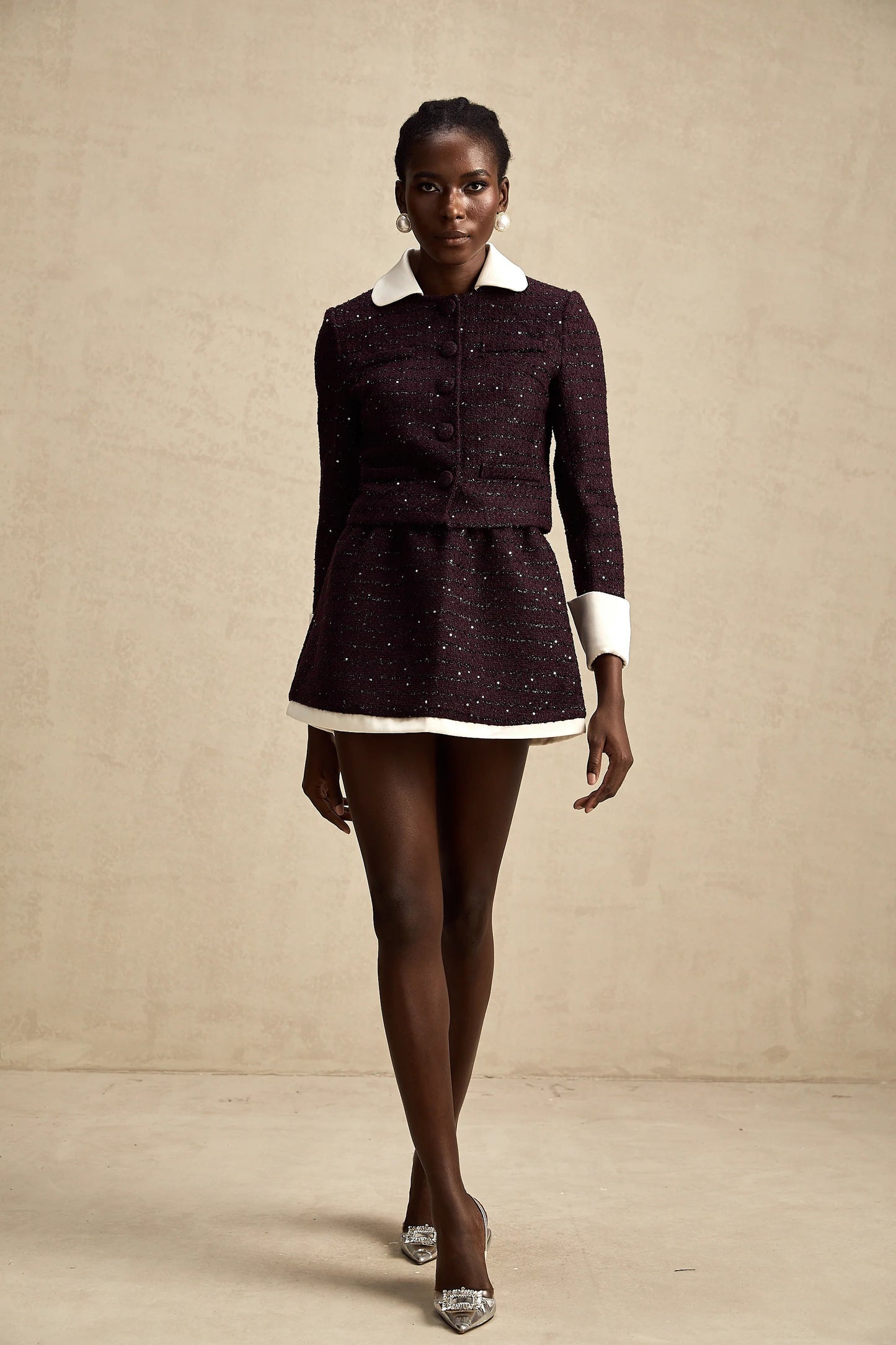 Brigitte Purple Sequined Tweed Jacket & Skirt Matching Set