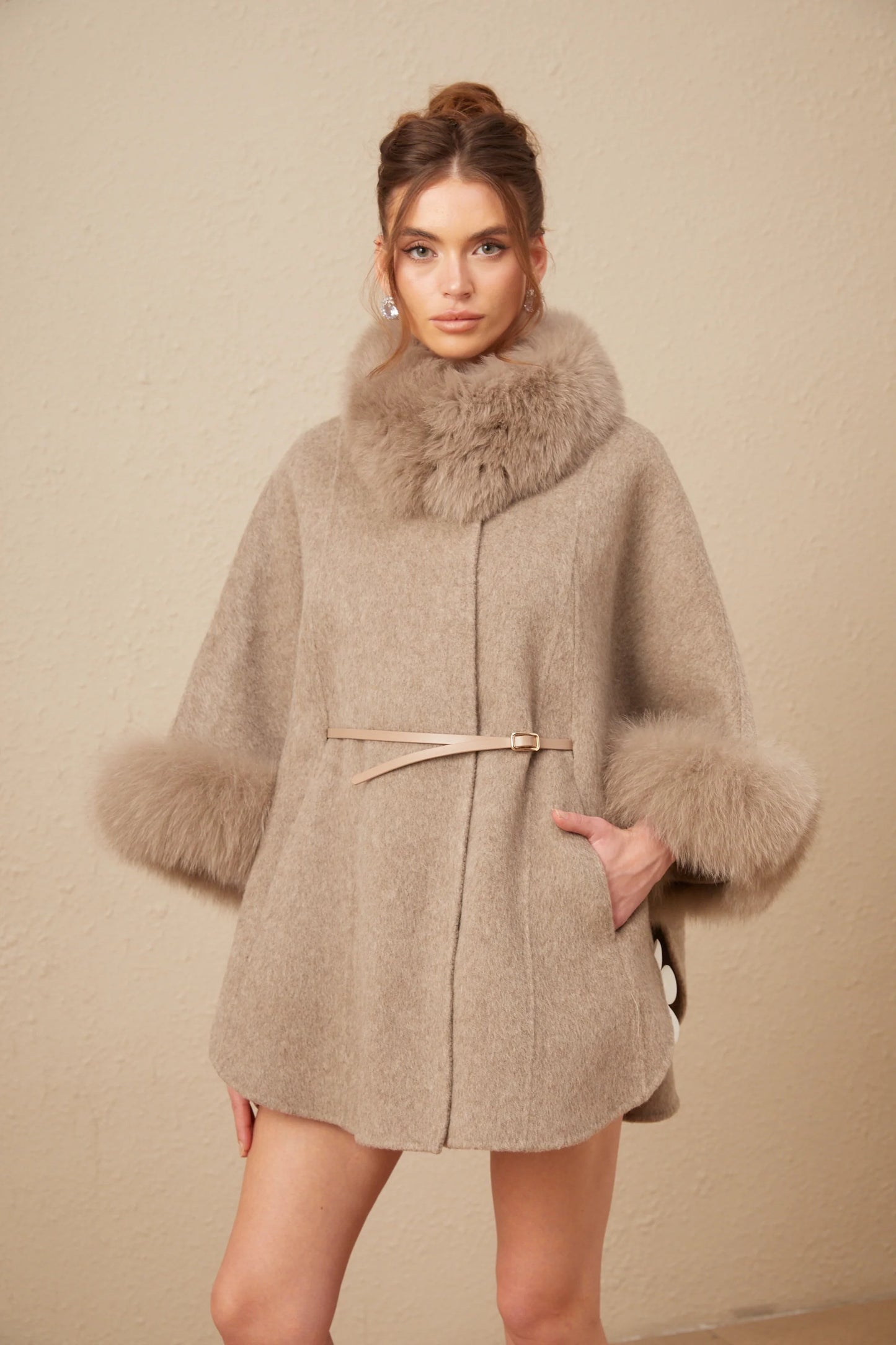 Chloris wool fur belted cape coat in Brown