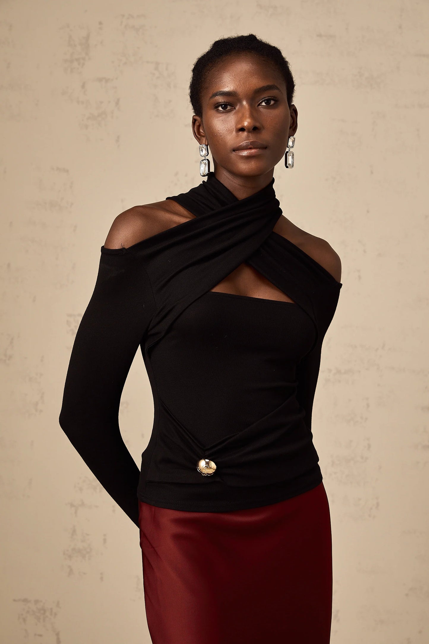 Odette Black Ruched Stretch-Jersey Top