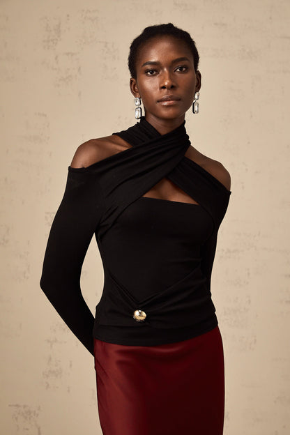 Odette Black Ruched Stretch-Jersey Top