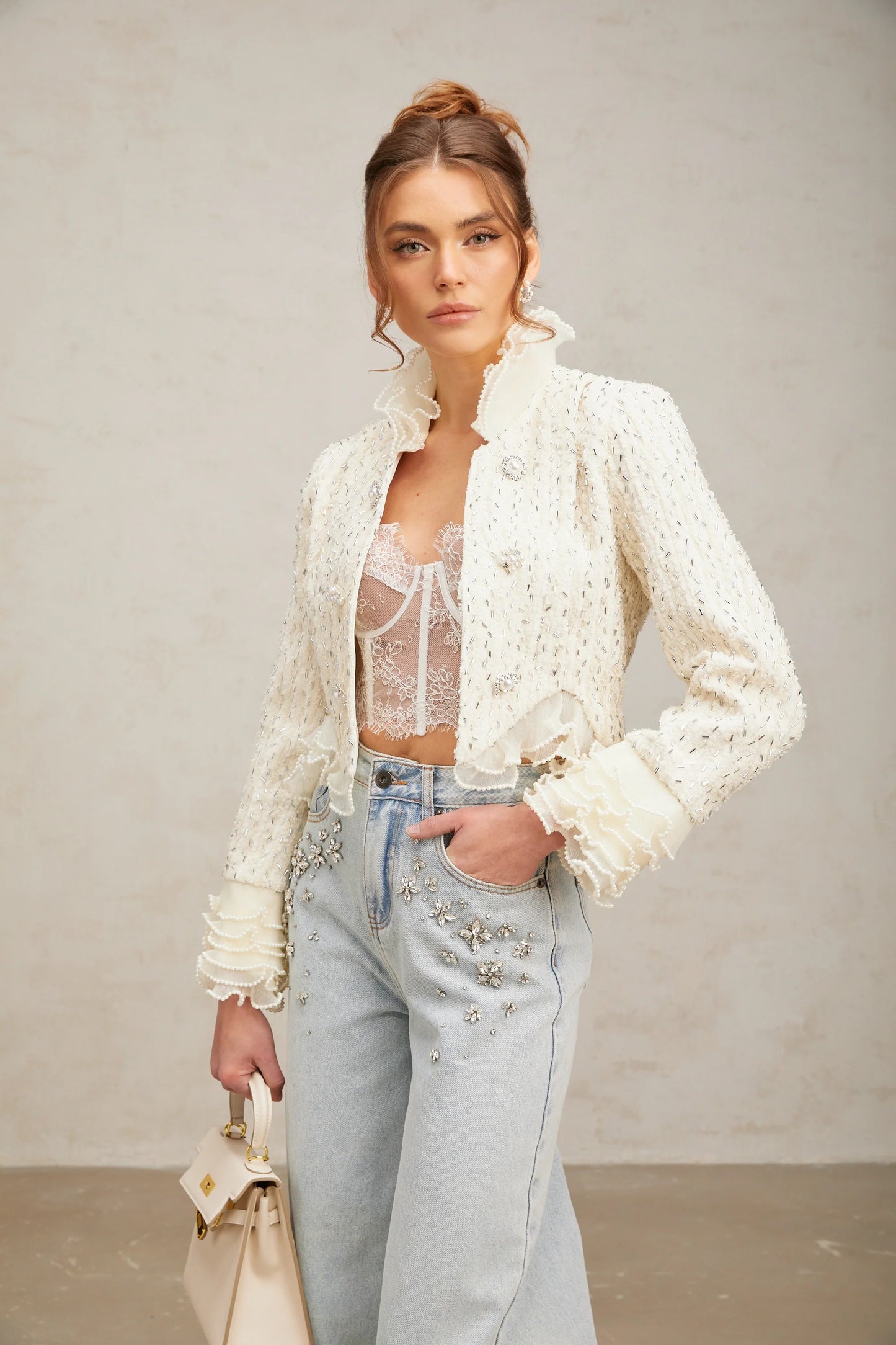 Blanche white beaded ruffle cropped jacket