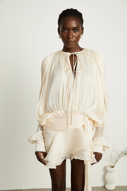 Eugenie Neutral Fully Pleated Ruffled Mini Dress