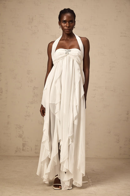 Mariah White Chiffon Ruffle Halterneck Maxi Dress