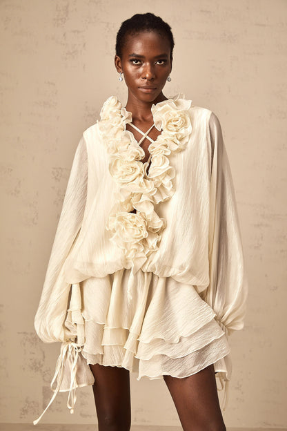 Zephyrine Floral-Applique Tiered Mini Dress in Neutrals