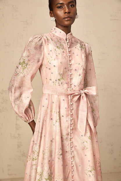 Narcisse Pink Embellished Floral-Print Midi Dress