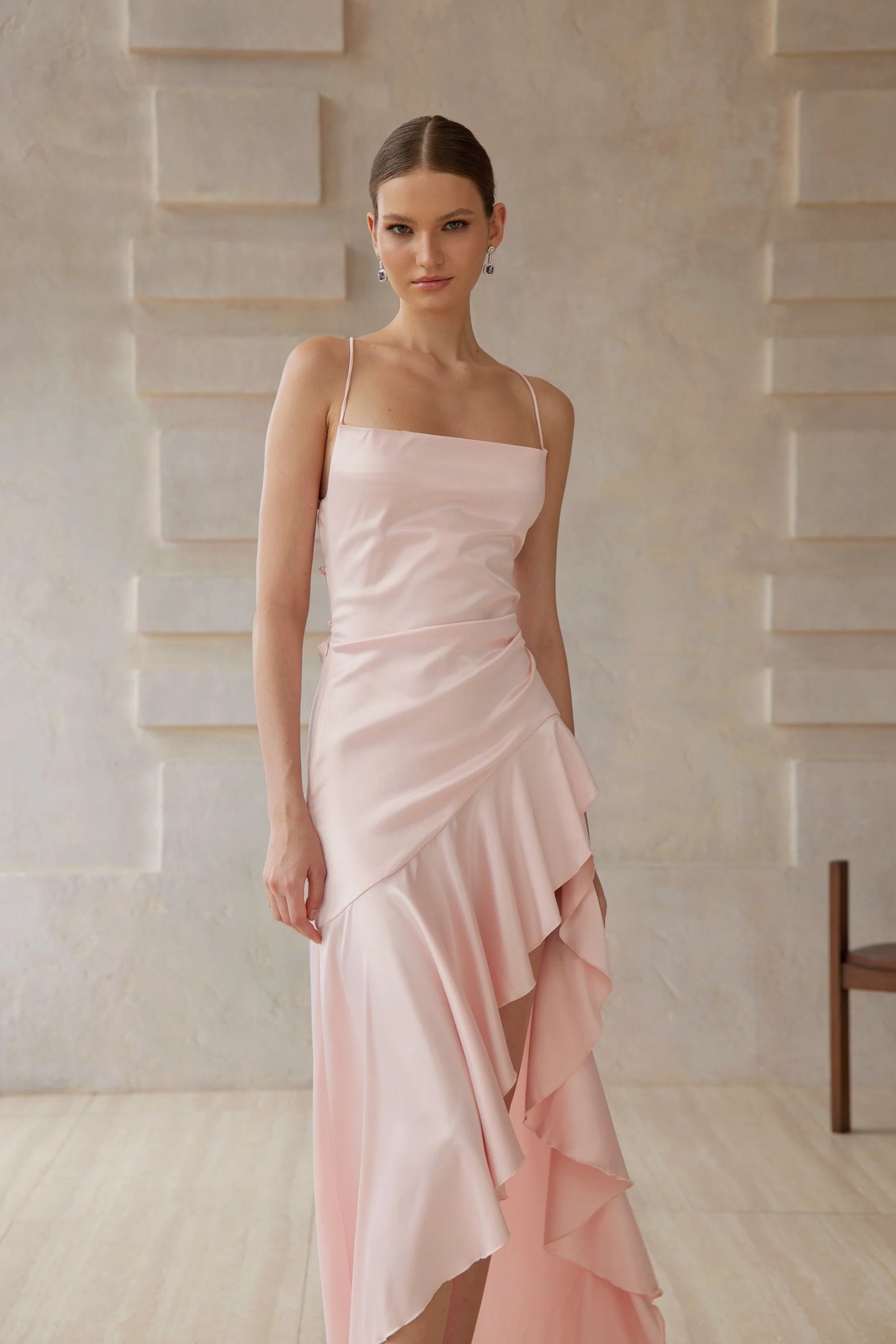Lena Pink Asymmetrical Satin Midi Dress