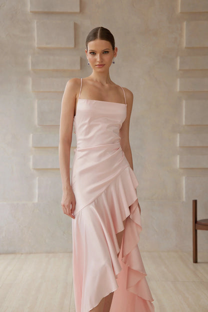 Lena Pink Asymmetrical Satin Midi Dress