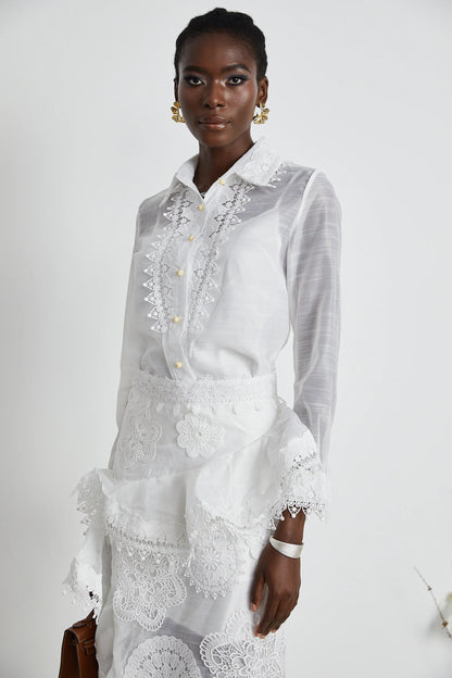 Renee White Semi-Sheer Shirt & Skirt Matching Set