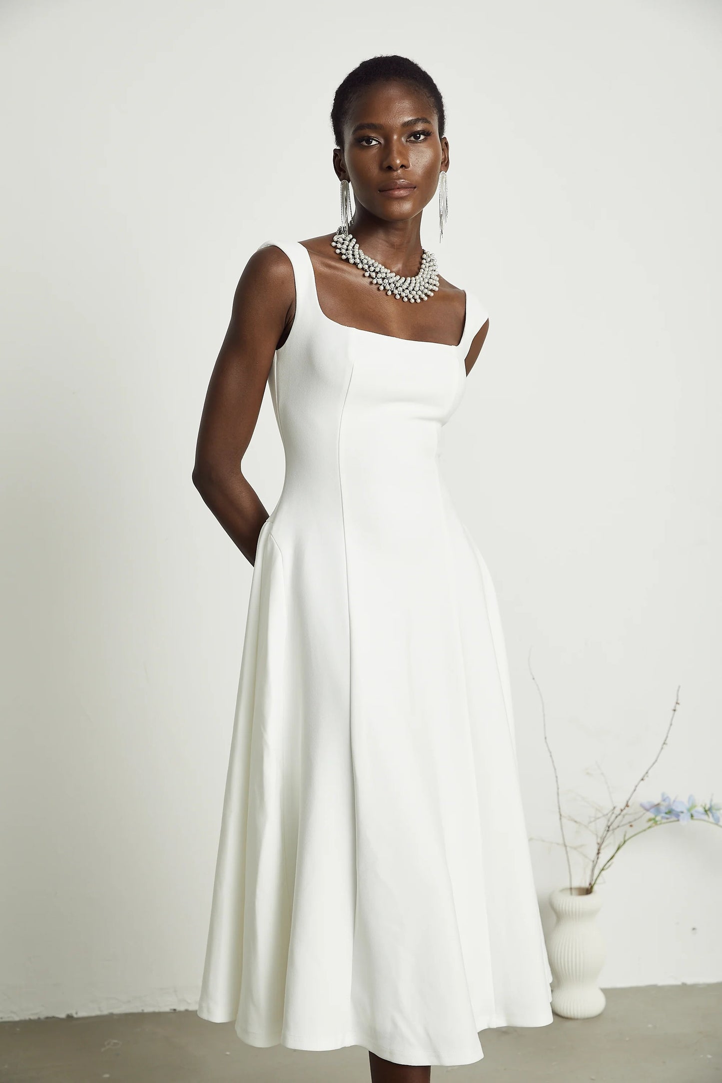 Thala White Pleated Flared Midi Dress