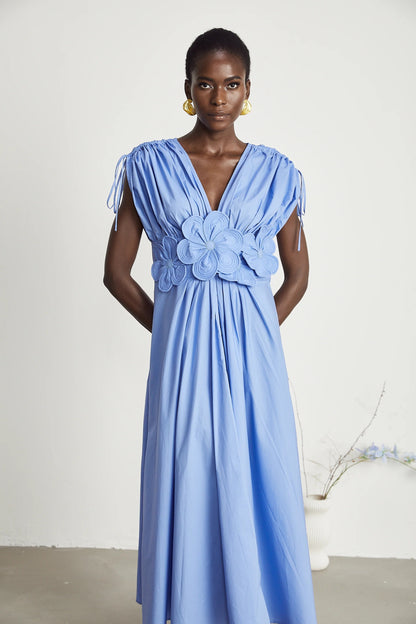 Emma Petal-Detail Drawstring Maxi Dress in Blue