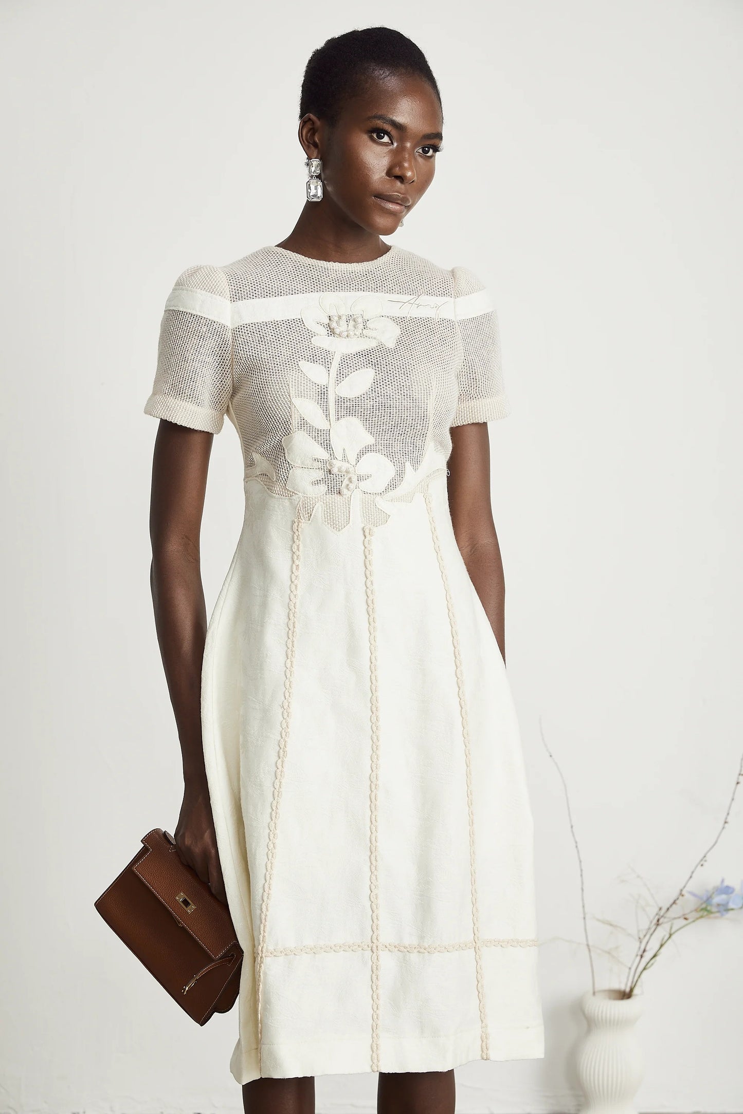 Diane Floral Embroidered Openwork Midi Dress