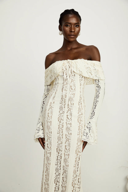 Emeline Floral Lace Flared-Cuff Maxi Dress in Neutrals