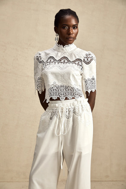 Raphaelle Lace-Trim Cut-Out Cropped Top & Trousers Matching Set
