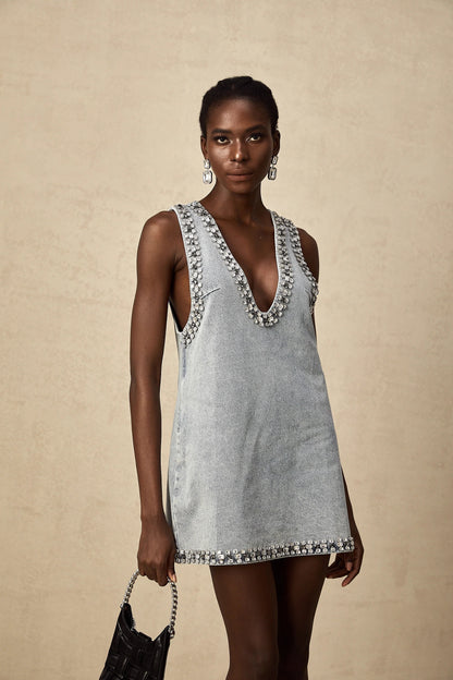 Daphne Blue Crystal Sleeveless Denim Mini Dress