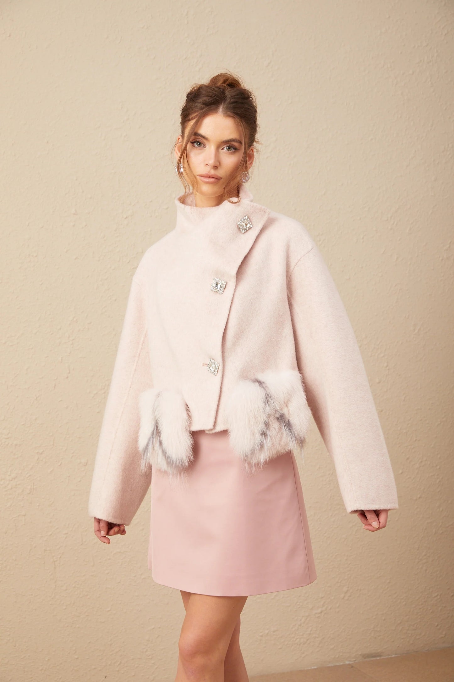 Vienne Pink Diagonal-Placket Short Coat