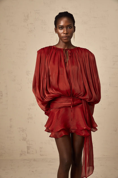 Eugenie Red Fully Pleated Ruffled Mini Dress