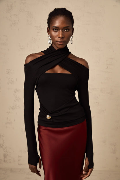 Odette Black Ruched Stretch-Jersey Top