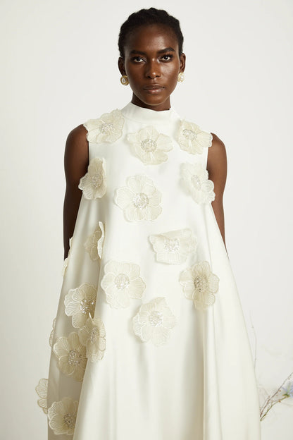 Emilie Sleeveless Floral-Applique Midi Dress in White