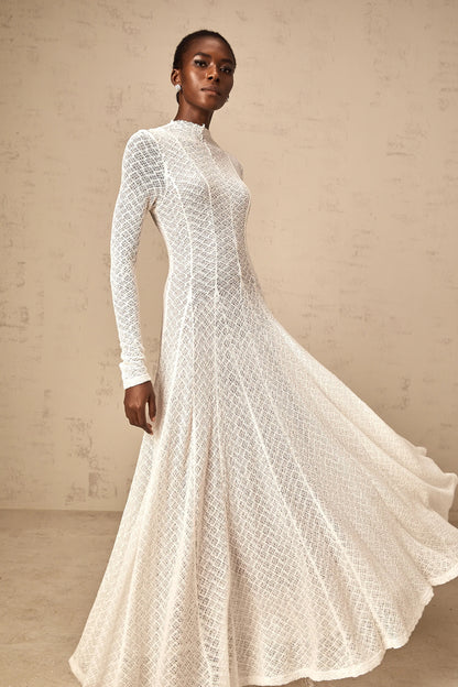 Athena Wavy-Pattern Lace Maxi Dress in White