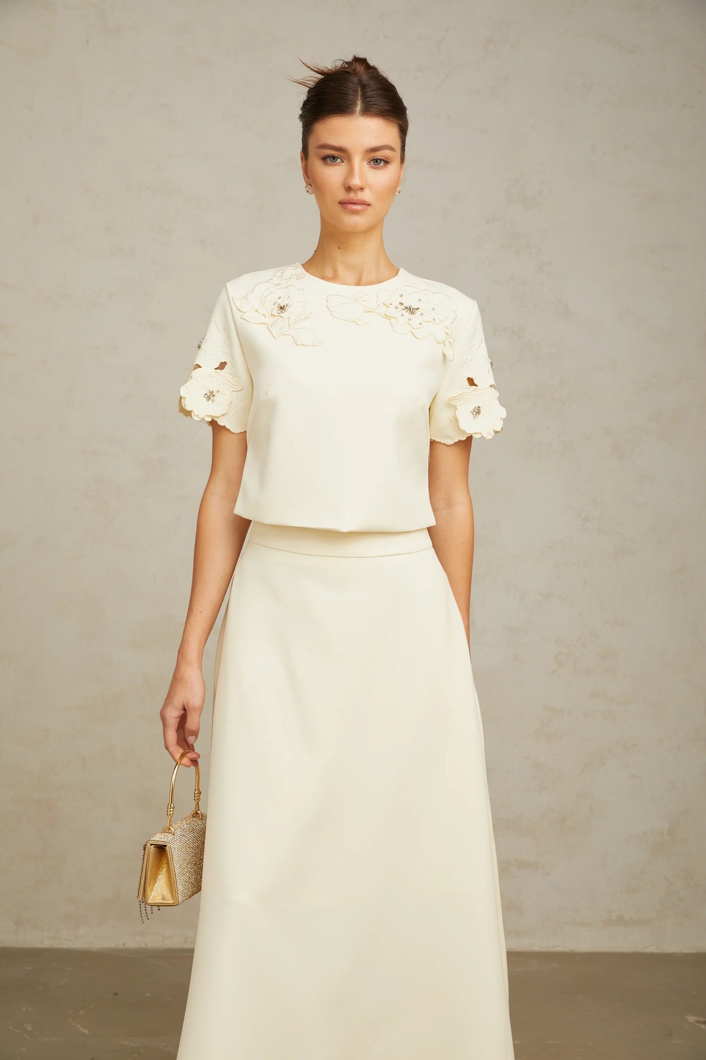 Coralie neutrals 3D-petal top & skirt matching set