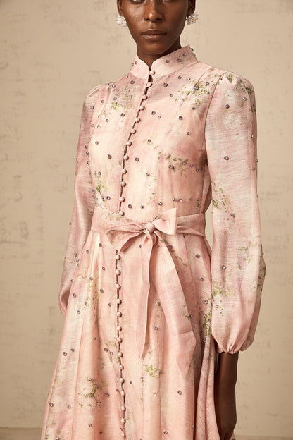 Narcisse Pink Embellished Floral-Print Midi Dress