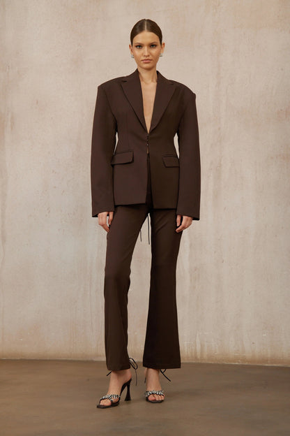Prunille Brown Lace-Up Blazer & Trousers Set