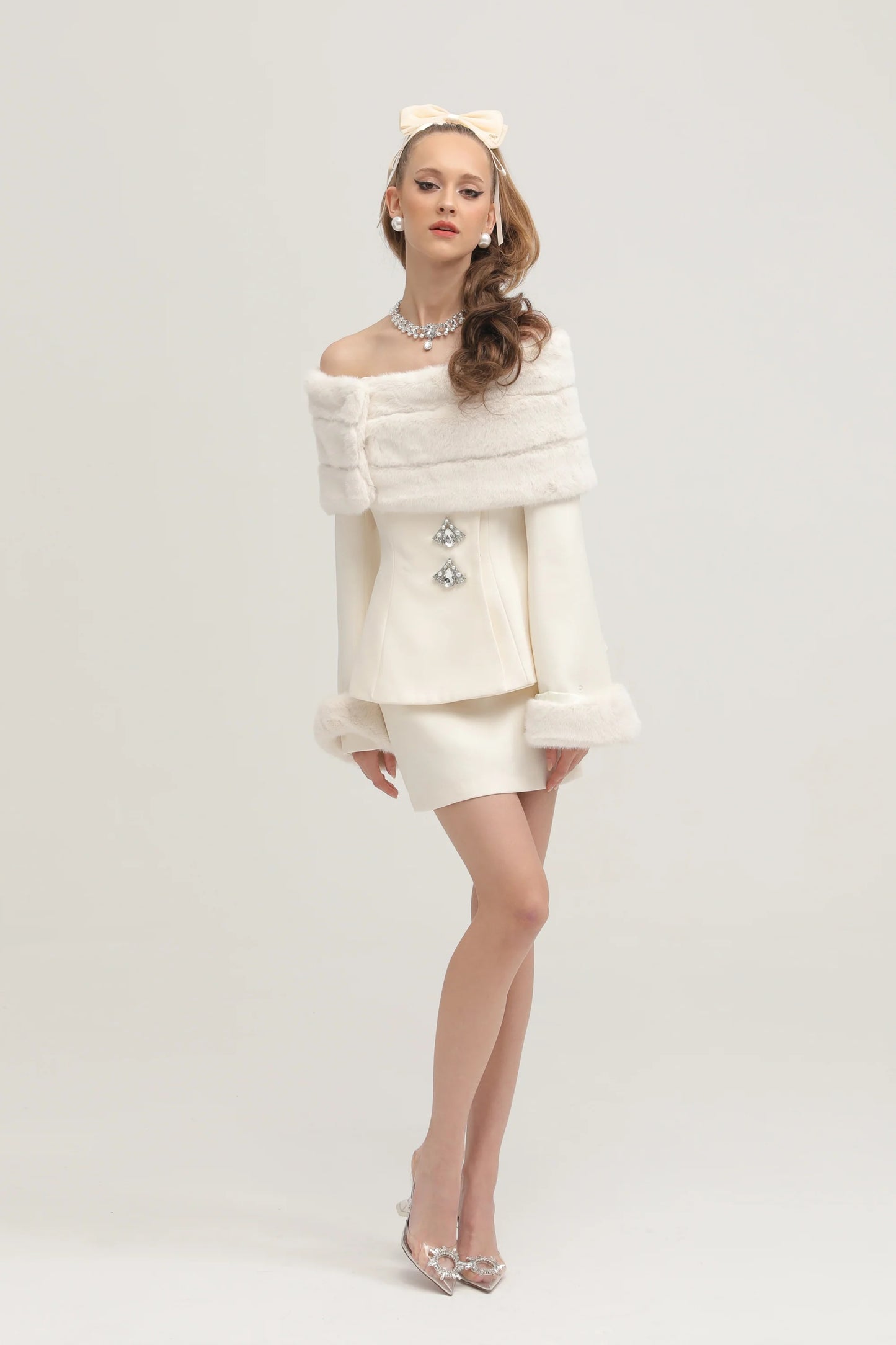 Caitlin White Faux-Fur Jacket & Skirt Matching Set