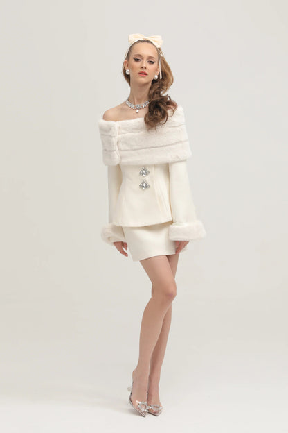 Caitlin White Faux-Fur Jacket & Skirt Matching Set