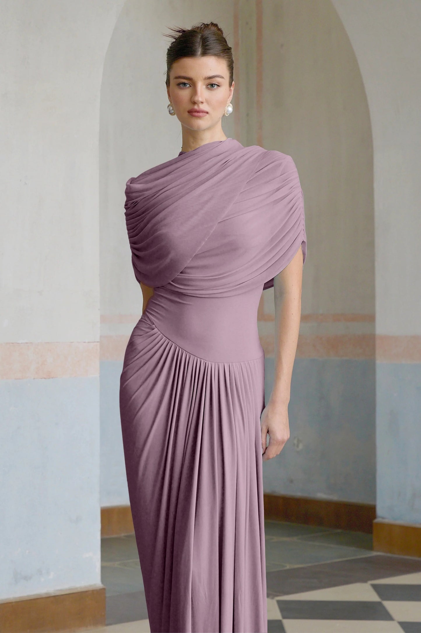 Catherine asymmetrical pleated maxi dress in Purple