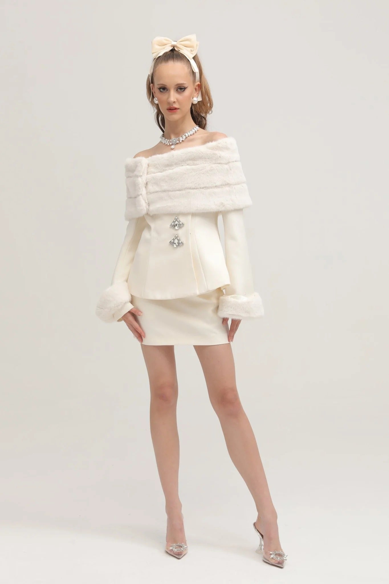 Caitlin White Faux-Fur Jacket & Skirt Matching Set
